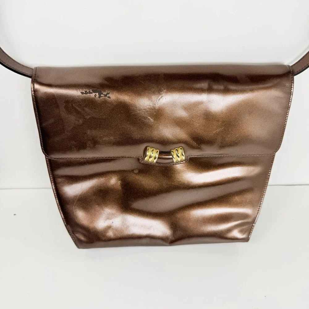 Salvatore Ferragamo M211044 Bronze Leather Shoulder Bag Made In Italy